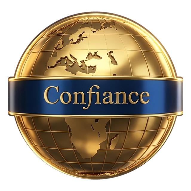 Confiance logo: a gold globe with a navy band